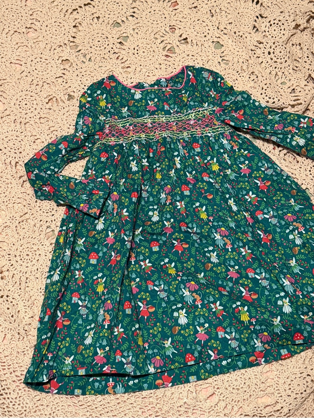 Mini Boden Teal Green Fairy Floral Mushroom Smocked Dress 5/6